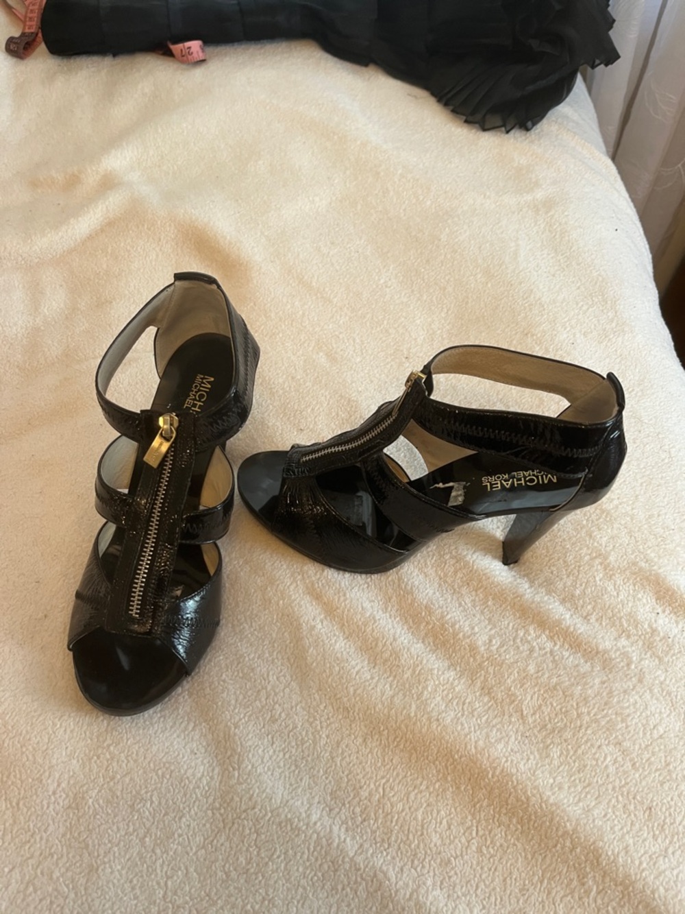 MICHAEL Michael Kors Black Patent Leather Zip-Strap Heels